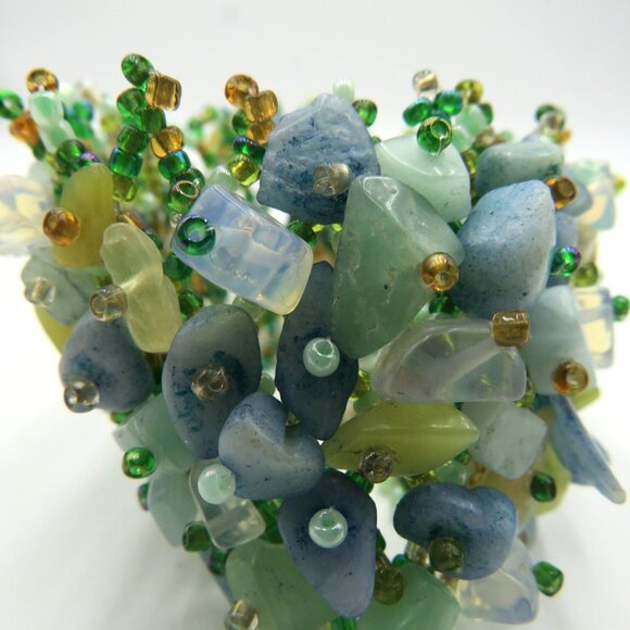 Beaded Stone Chip Wide Cuff Bracelet Green Blue Boho Chunky Statement - Picture 2 of 8